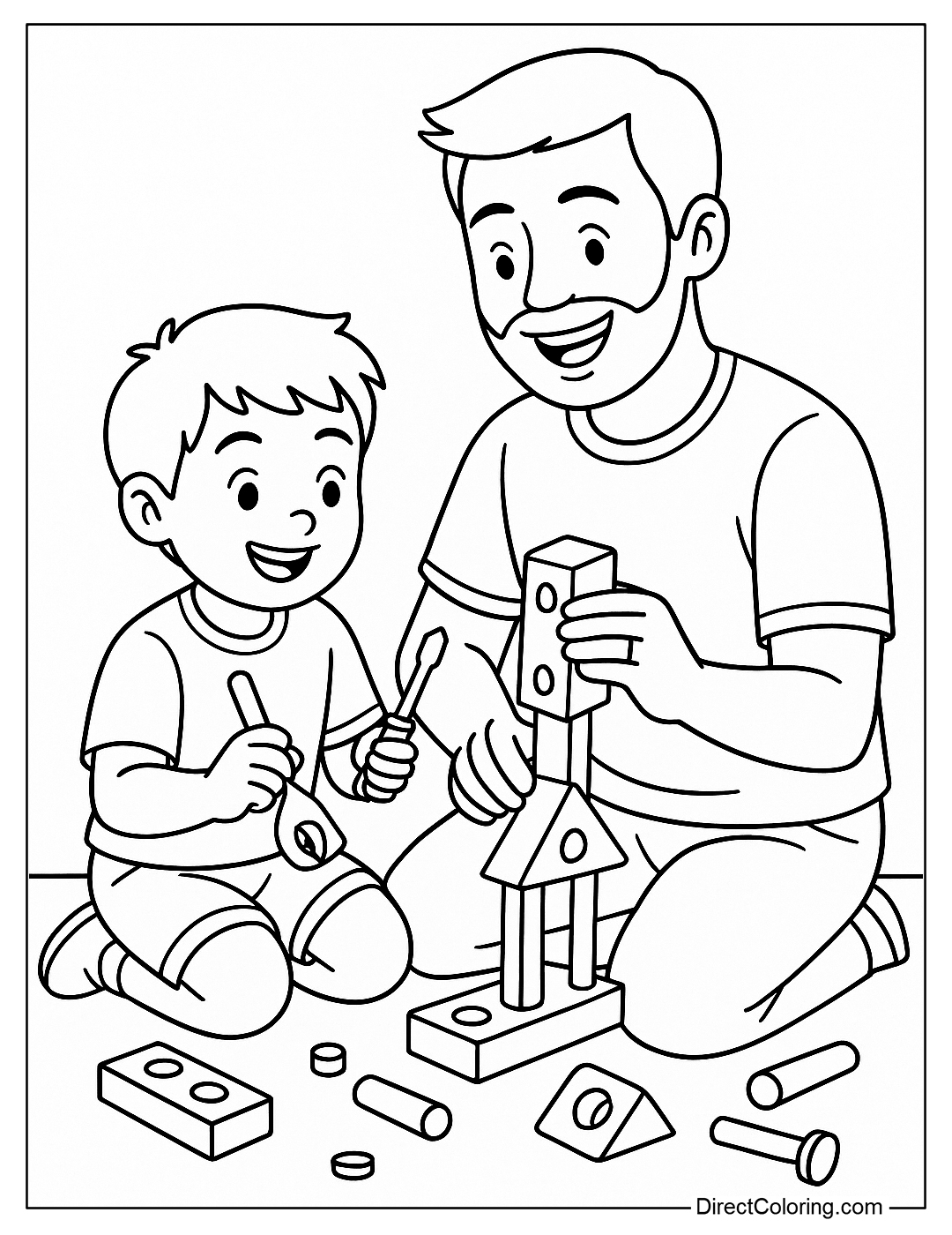 Coloring page of dad and child assembling toys